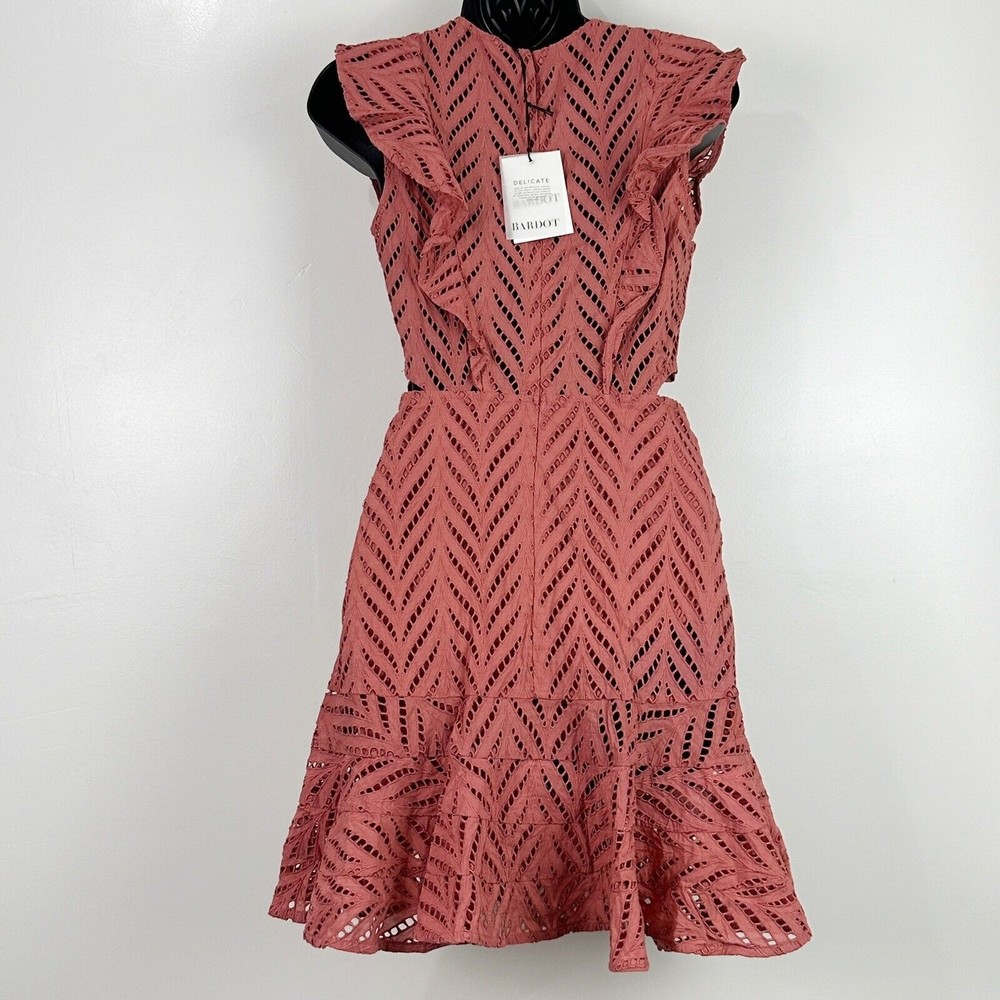 Revolve Bardot Aria Eyelet Cutout Short Dress Ruffle Moroccan Rose US S Uk10 - Picture 9 of 16